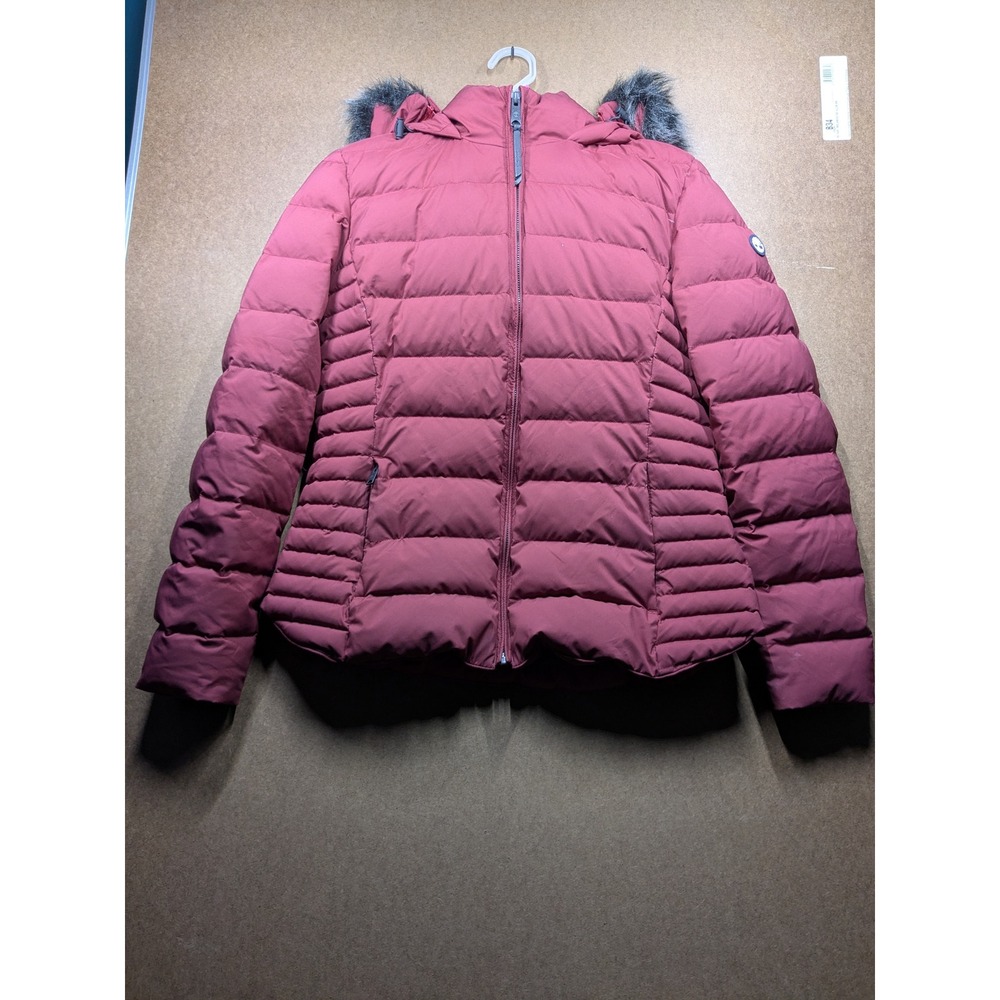 Timberland Womens Puffer Jacket Burgundy Faux Fur Hood Quilted Zip Coat Small